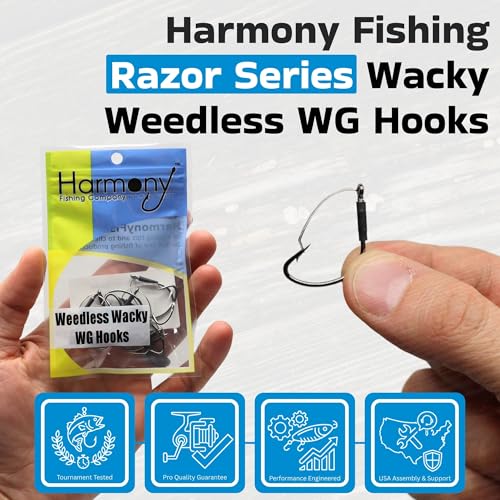 Harmony Fishing - Razor Series Wacky Weedless WG Hooks - The Ultimate Bass Fishing Hooks for The Wacky Rig & Neko Rig - style: Size 1/0 (25 Pack)