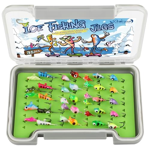 Dovesun Ice Fishing Jigs Kit Glow in The Dark Fishing Gear Lures 35 Pcs Ice Jig Head with Tackle Box for Panfish Walleye Crappie Perch Bluegil Trout