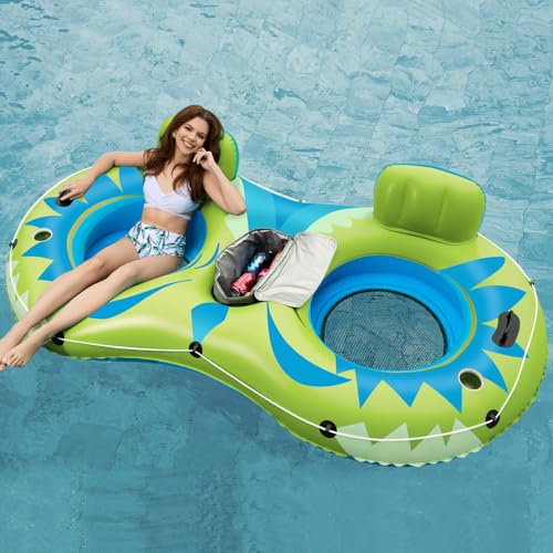Jasonwell Inflatable River Tube Float - 2 Person Heavy Duty River Float Pool Floats with Removable Cooler Lake Water Tubes for Floating River Raft Lounge Floatie with 2 Cup Holders for Adults (YG) - style: Owl-Lime