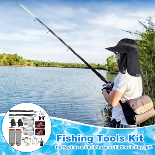 Father's Day Telescopic Fishing Rod Kit, 6.89ft/5.91ft 2 Pcs Collapsible Rod for Him with Landing Net, Tackle Bag, Gloves, Lures, Pliers, Gift for Dad for Saltwater Freshwater Fishing - size: 6.89 FT