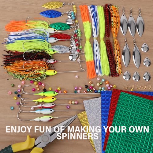 Dovesun Fishing Lure Making Kit DIY Spinner Making Kit, Inline Spinner Baits for Bass Fishing Trout Salmon Freshwater Gift for Men 228pcs/155pcs/107pcs - color: C-107PCS-3D Eyes-Spinnerbaits Making Kit
