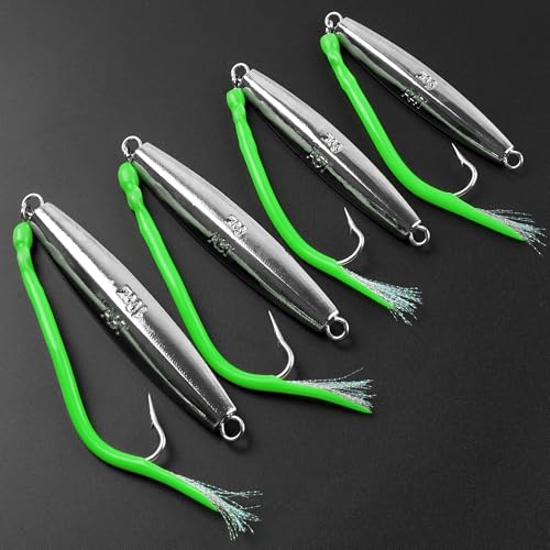 Saltwater Fishing Lures Diamond Jigs,3PCS Flat Metal Casting Jigging Spoon Baits with Teasers J Hooks for Surf Fishing Bluefish Striper Tuna Salmon Freshwater - color: Green, size: 5oz - 3pcs