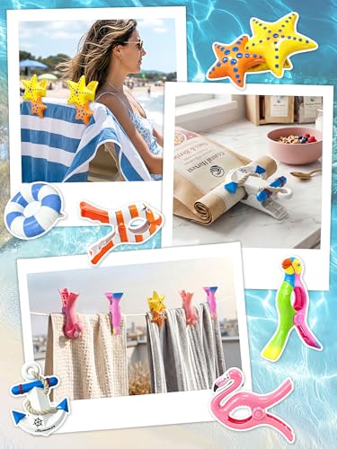 12 Pack Towel Clips for Beach Chairs, Jumbo Beach Towel Clips with Strong Grip, Cute Flamingo Parrot Starfish Anchor Clips for Cruise Pool Patio Lounge Chairs and Vacation Essentials - style: Parrot + Flamingo + Ugly Fish + Starfish + Swimming Ring + Anch