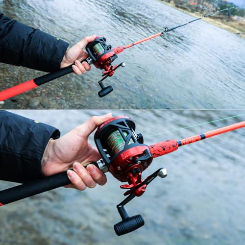 Sougayilang Conventional Reel and Fishing Rod Combo – Medium Heavy Fiberglass Rod, Heavy Duty Catfish Trolling Reel Combo for Catfish Salmon and Steelhead 6/7ft - color: Red-7FT-3000