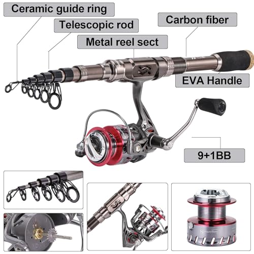 Sougayilang Fishing Rod and Reel Set Carbon Fiber Telescopic Fishing Rod 12+1BB Spinning Reel with Carry Case for Saltwater Freshwater - color: silver, size: 6.89 ft - 3000