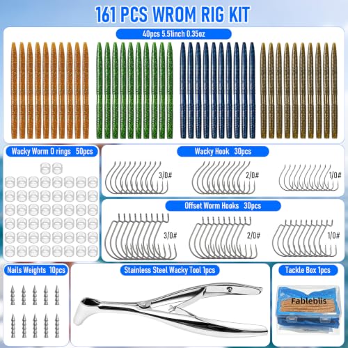 Wacky Worms for Bass Fishing, Fableblis 161Pcs 5.5" Soft Plastic Fishing Lures Kits, Fishing Worm Baits with Wacky Rig Tool, Thick O-Rings, Hooks, Weights, Complete Starter Kit for Freshwater Fishing