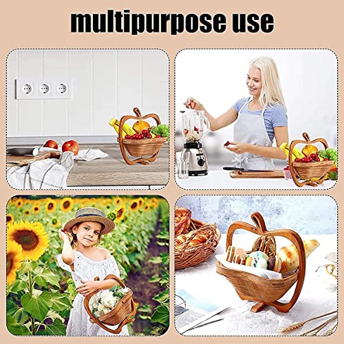 Foldable Bamboo Dried Fruit Basket Apple Shaped Collapsible Bread Nuts Baskets Candy Gifts Fruit Bowl Holder Wooden Snack Box for Kitchen Table - color: Apple