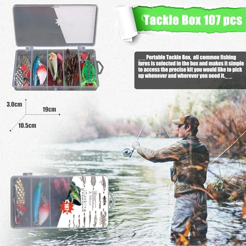 EXAURAFELIS Fishing Lures Tackle Kit, Mixed Hard & Soft Baits Metal Spoons Fishing Accessories for Bass Trout Pike Freshwater Saltwater Fishing - color: 107pcs