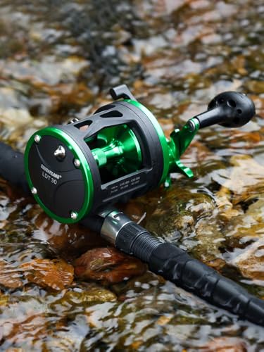 Sougayilang Round Baitcasting Fishing Reel –CNC Machined Aluminum Body Catfish Reel with 25LB Max Drag, Waterproof Trolling Reel with Level Wind & Magnetic Braking System for Musky Bass Pike - color: green-right handle