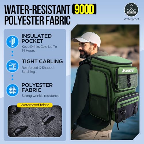 PLUSINNO Fishing Backpack with Rod Holders 4 Tackle Boxes, 42L Large Water-Resistant Fish Tackle Bag Store Fishing Gear, Camping, Hiking Gifts for Men Father, Green - color: Green With 4 Tackle Boxes