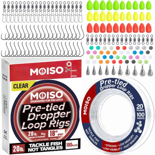 MOISO 10-60lb 100knots Pre-Tied Dropper Loop Rigs, 18" Spaced 5.5" Loops, Versatile for All Water Column, Saltwater & Freshwater Fishing Tackle for Bass, Snapper, Striper, Cod, Grouper, Lake Trout - size: All-in-One 20 LB