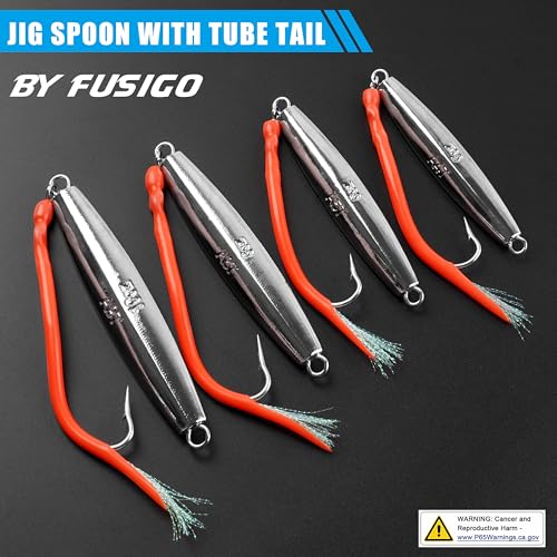 Diamond Jigs Saltwater Fishing Lures, 2Pack Casting Jigging Spoon with Tube Tail Striped Bass Metal Jig Spoons Deep Sea Offshore Surf Fishing 1oz-4oz - size: 5 Ounce, style: Red Tube, 2pack