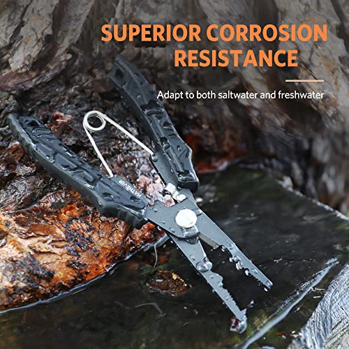 Saltwater Fishing Pliers, Split Ring Pliers for Fishing with Safety Lock, Fish Pliers with Sheath and Lanyard, Fishing Gifts for Men - color: F-black