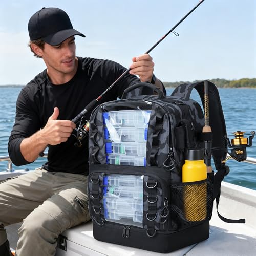 Fishing Backpack with Tackle Boxes,45L Large Tackle Bag with Cooler & Fishing Gear Kit,Waterproof Tackle Backpack for Gift with Fishing Lures, Fishing Pliers,Camouflage - color: Camouflage Black(with Fishing Gear)