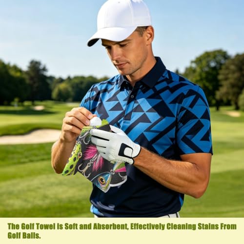 Fishing Black Microfiber Golf Towel Magnetic with Clip for Golf Bags | Golf Essentials for Men Women Attaches to Clubs and Carts 17.7"x17.7"