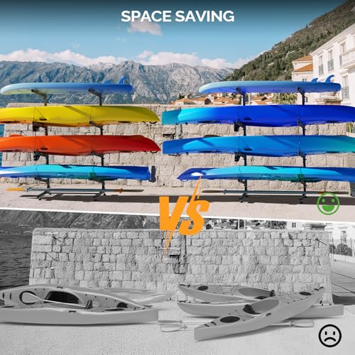 Bonnlo Kayak Storage Rack, Adjustable Heavy Duty Kayak Rack for Kayaks Paddle Boards, Kayak Paddle Holder for Garage, Spacesaver, Gentle on Padding, Boat Organizer - style: 4 Kayaks, Free Standing