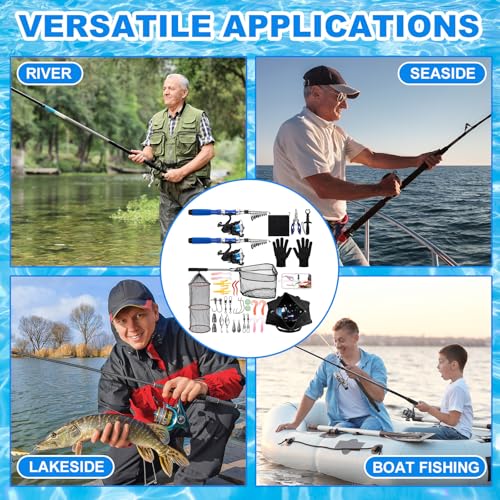 51 Pcs Fishing Rods Combo 6.89ft Telescopic Freshwater Pole Set with Plier Lip Gripper Lures Carrier Bag Pre Loaded Spinning Reel with Freshwater Rod Reel Kit Father Men Gift - color: Blue