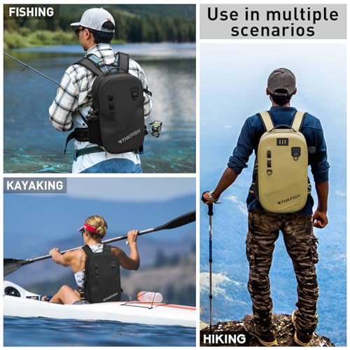 THKFISH IPX8 Waterproof Fishing Backpack with Rod Holder, Lightweight Fishing Sling Bag, Move Freely Fish Gifts for Men - color: Black