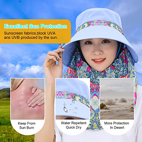 Women Wide Brim Face Mask Sun Hat Detachable Neck Face Flap Ponytail UV Protection Visor Hat Garden Fishing Hiking - color: M9099-tianlan