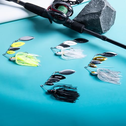 Goture Spinner Baits, Hard Metal Spinnerbaits Kit with 4 Spinner Blades, Spare Skirts Replacement, Buzzbait Spinnerbaits Fishing Lures for Bass Trout Pike Salmon Walleye Freshwater Saltwater - color: B1:2pcs(White & Gold), size: 10g 3/8oz