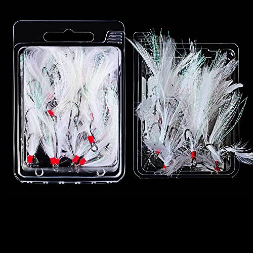 Conskyee 20pcs Feather Treble Fishing Hooks Size 4 Tied Round Bend Barbed Triple Hooks with White Feather