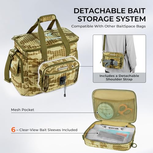 KastKing BaitSpace Fishing Tackle Bag With 4 Tackle Boxes & Removable Bait Binder, Water-Resistant Tackle Storage, Durable Fishing Gear, Adjustable Shoulder Strap - color: E: Khaki Camo, size: Large - 4*3600 Trays