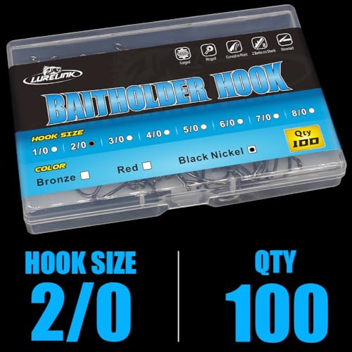 Baitholder Fishing Hooks 100 Pack - Double-Barbed Long Shank for Bluegill Bass Trout Walleye Black/Red, 8/0-#8 - color: 2-Black, size: 2/0 100-Pack