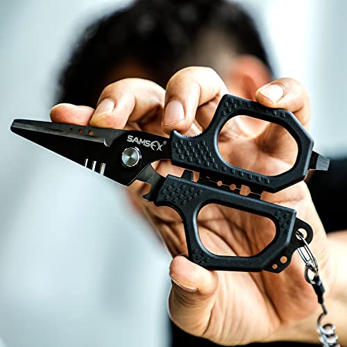SAMSFX Fishing 6.5" Pro Fishing Scissos, Dual Serrated Blades, Braided Line Shears with Titanium Coating, Non-Slip Grip & Multifunction Tool, Come with Hard Molded Locking Sheath & Coiled Lanyad - color: A: Black Kraton Handle, Hard Sheath