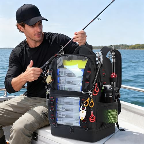 Fishing Backpack with Tackle Boxes,45L Large Tackle Bag with Cooler & Fishing Gear Kit,Waterproof Tackle Backpack for Gift with Fishing Lures, Fishing Pliers,Black - color: Black(with Fishing Gear)