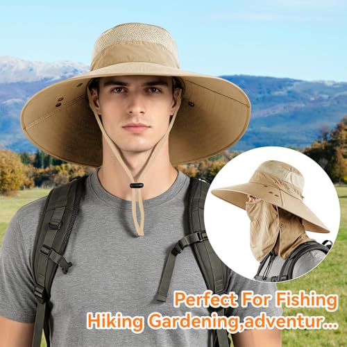 Super Wide Brim Fishing Hat UPF 50+ Sun Safari Hat with Removable Neck Face Flap - color: Khaki