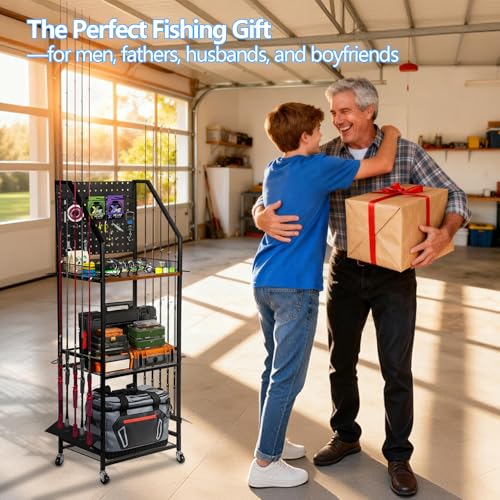 Fishing Rod Holder for Garage Organization, Fishing Rod Rack, Fishing Gear Storage up to 12 Rods with Pegboard & Hooks, Heavy Duty Fishing Cart with Wheels for Fishing Storage,Tackle Box