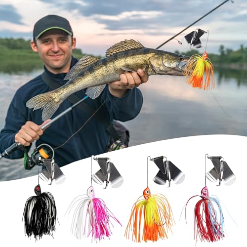 Buzzbaits Double Rotating Spinner Blade Baits Silicone Skirts Top Water Fishing Lures for Bass Trout Pike 0.52oz 4pcs FS/YE-08 - color: A