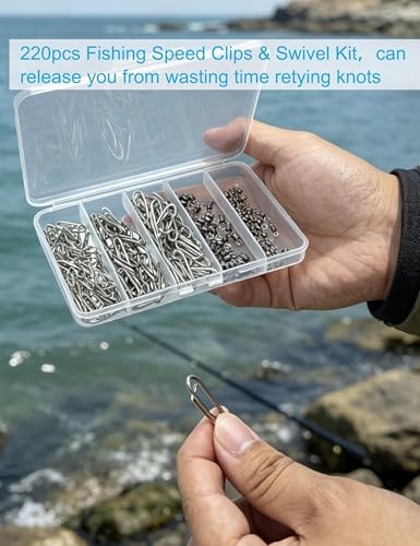 220pcs Speed Clips and Barrel Swivels Kit, Stainless Steel Quick Change Lure Snaps & Heavy Duty Saltwater Black Nickel Rolling Swivels, Terminal Tackle Assortment for Bass & Surf Fishing