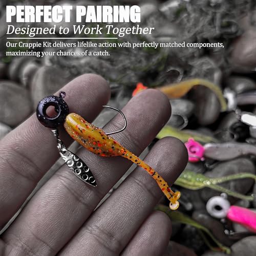 Crappie Lures Jig Heads Worms Swimbaits Kit, 110 Pcs Underspin Crappie Fishing Jig Heads Soft Plastic Grub Baits for Panfish Bluegill Bass Trout Freshwater Saltwater - color: 110Pcs - Crappie Jigs, Split TwinTail Shad