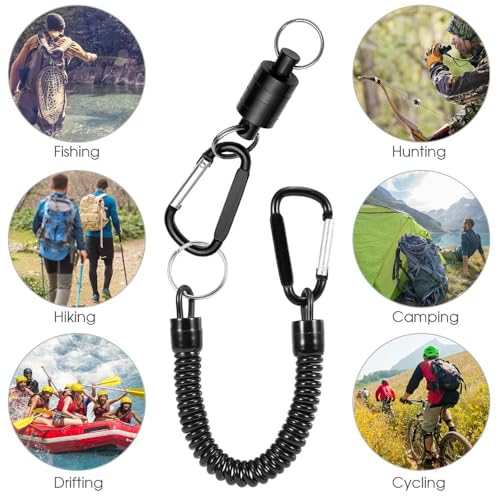 Retractor Keychain with Retractable Coiled Lanyard – 2kg/4.4lb Pull Force Fly Fishing Net Holder, Secure Attachment & Quick Access for Wading(Black)