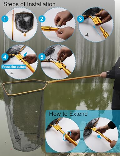 Extra Large Saltwater Fishing Net - 70.8"-105" Heavy Duty Telescopic Aluminum Handle, 37" Deep Snag-Free Rubber Mesh for Big Catfish Bass, Kayak Fishing Net with Carrying Bag