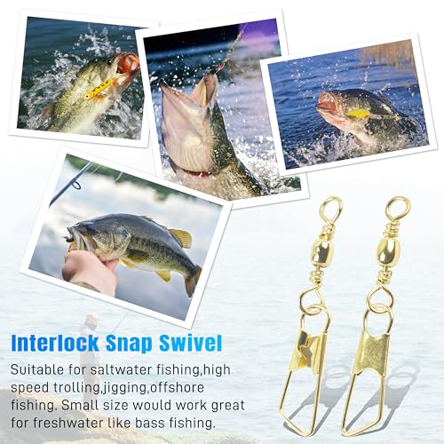 AGOOL Fishing Swivels Snaps, 60/120pcs Barrel Swivels with Nice Snaps Gold High Strength Solid Rings Line Lures Connector Fishing Tackle Accessories - size: #10_60pcs