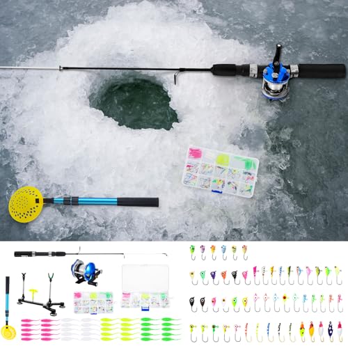 Hungdao 96 Pcs Ice Fishing Gear with Ice Fishing Rod, Reel Combo, Jigs, Cleats, Rod Holder for Men Outdoor Gifts