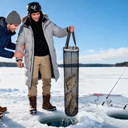 QualyQualy 2-Pack Ice Fishing Live Well, Floating Fish Basket for Live Fish Bait Bucket, Foldable Rubber Coated Fish Bag for Live Caught & Minnow Bucket| Fits All Ice Holes, Carabiner Included