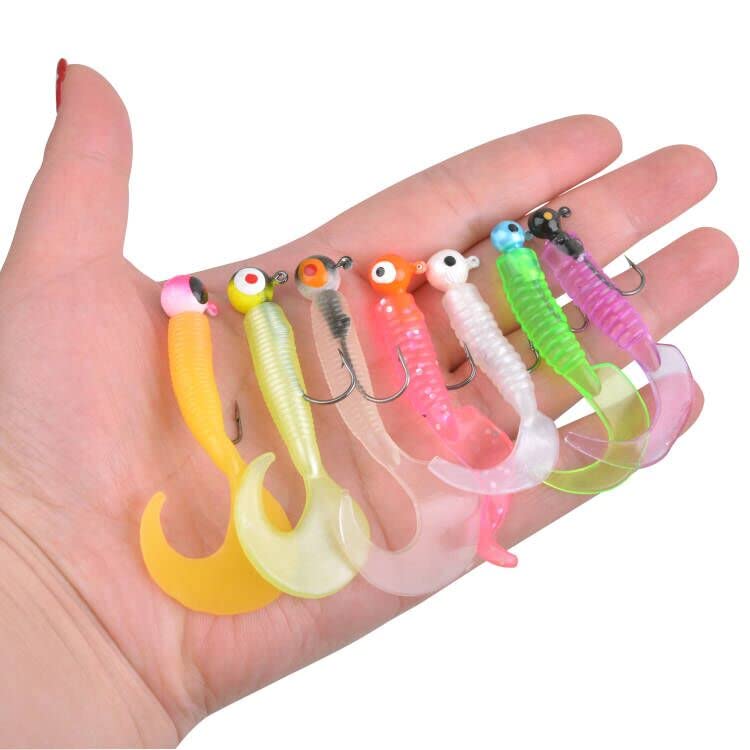 Soft Plastic Fishing Lure Jig Head Hook Kit,Grub Worm Lures Crappie Jigs Head Grub Tail Swimbait Tube Bait Jigs for Saltwater Freshwater, Trout Crappie Fishing - color: 17PCS Sets