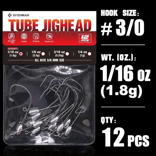 XFISHMAN-Tube-Jig-Heads-for-Bass-Fishing-Tube-Bait-Hooks 1/16oz 1/8oz 3/16oz 1/4oz (12-Pack) - color: 3/0 Hooks, size: 1/16oz (12-Pack)