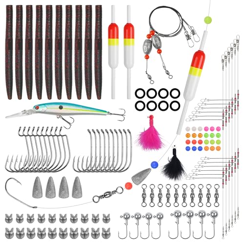 141pcs Surf Fishing Tackle Kit Saltwater Fishing Rigs Ocean Tackle Kit Various Accessories Include Slip Bobbers Bait Rigs Saltwater Lures Hooks Sinker Weights Swivel Bottom Rig