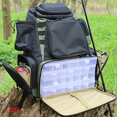 OSAGE RIVER Fishing Backpack, Fits 4 Large Tackle Boxes MOLLE Webbing Rod Holder Waterproof Cover, Includes Pliers Flashlight - color: With Accessories, size: Medium