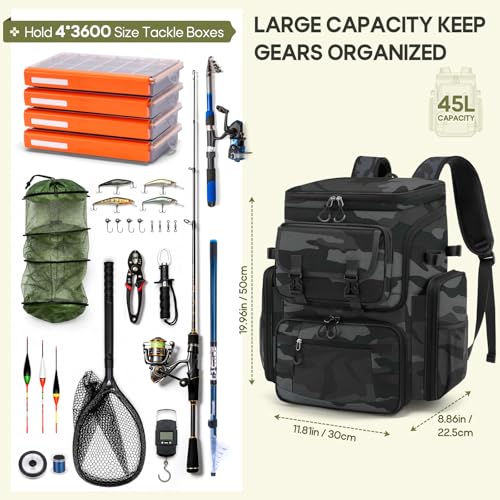 RAINSMORE Fishing Backpack, 45L Large Water-resistant Fishing Tackle Bag | with 4 Rod Holders & Insulated Cooler & Rain Cover Professional 900D Oxford Tackle Backpack for Men Gift Gray Camouflage - color: Grey Camouflage