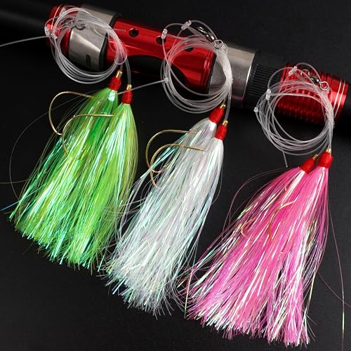 Fishing Teaser Rigs Saltwater, 3/6 Pack Flounder Rigs Hand Tied Sea Bass Hi Lo Rig Fishing Bait Rigs Multicolor Mylar Bucktail Teasers Rig for Flounder Fluke Halibut Sea Bass - size: 6 Packs, style: Mylar Teaser