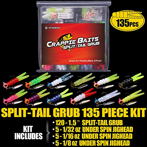 Crappie Jigs and Lures Kit -135 & 40 Piece Set with Plastics, Jig Heads, Split-Tail Grub Baits - Perfect for Crappie Fishing, Panfish Lures - color: Split-Tail Grub 135 pc.KIT