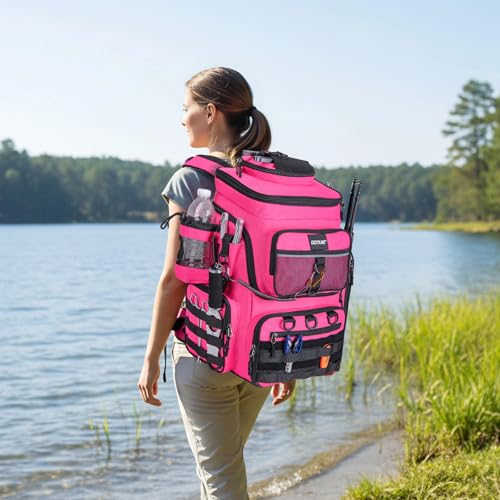 Goture Fishing Backpack,900D Water-Resistant Tackle Bag with Rod Holders, Insulated Cooler Compartment,55L Large Capacity Fishing Gear Storage for Saltwater&Freshwater Camping Hiking,Gifts for Women - color: A2:pink(without Tackle Boxes)