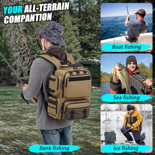Tactical Fishing Backpack with Tackle Boxes, Rod Holders & Bottle Holder, 50 L Large Insulated Fishing Tackle Box Backpack with Cooler, Fishing Bag Store Gear & Equipment, 900 D Oxford, Brown - color: Brown
