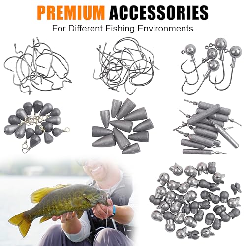 345pcs Fishing Accessories Kit, Fishing Tackle Box with Jig Head Hooks Worm Hooks Weights Sinkers Swivels Snaps Beads, Fishing Gear Set Equipment for Bass Trout Saltwater Freshwater Fishing - style: 345pcs Fishing Accessories Kit