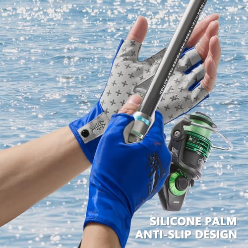 BASSDASH Unisex UPF 50+ Half Finger Sun Gloves Fingerless Breathable UV Protection for Fishing Hiking Kayaking Rowing FG02 - color: Blue Camo/Catfish, size: Large
